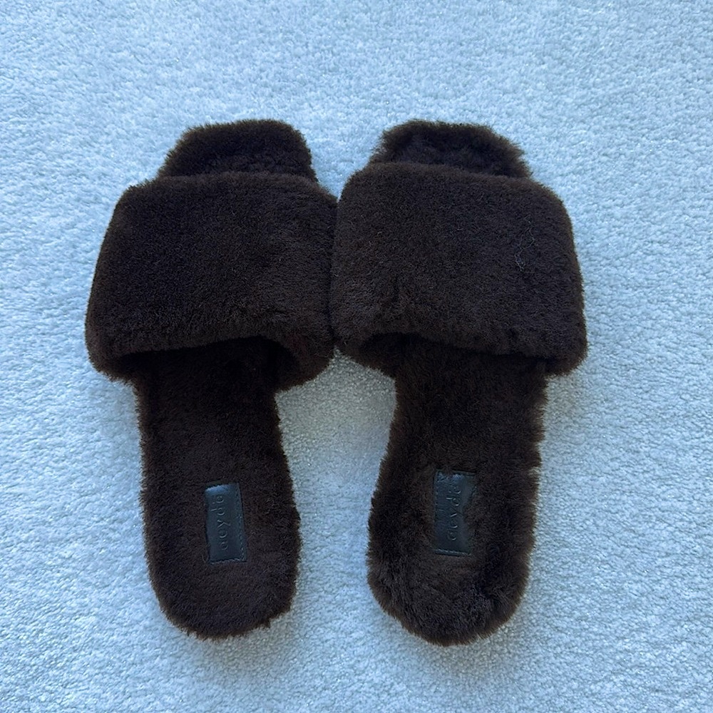 Aeyde Anna Shearling Slides in Dark Brown - Size 7 / 37